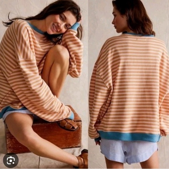 Free People Classic Striped Crewneck Latte Combo Medium*Retired (NEW $98) - Picture 2 of 8
